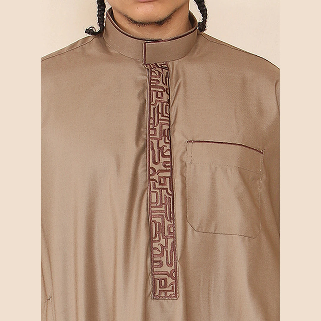 Men's Thobe Jubba Nehru Islamic Clothing Muslim Cotton Kaftan Embroidery Eid Robe