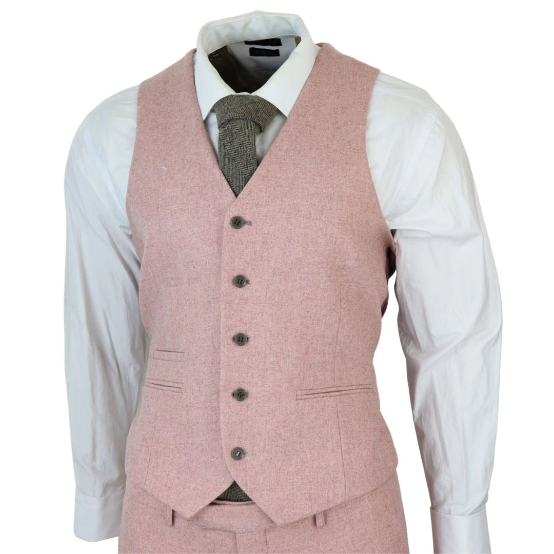 SW065522Y - Men's Pink 3 Piece Tweed Wool Suit
