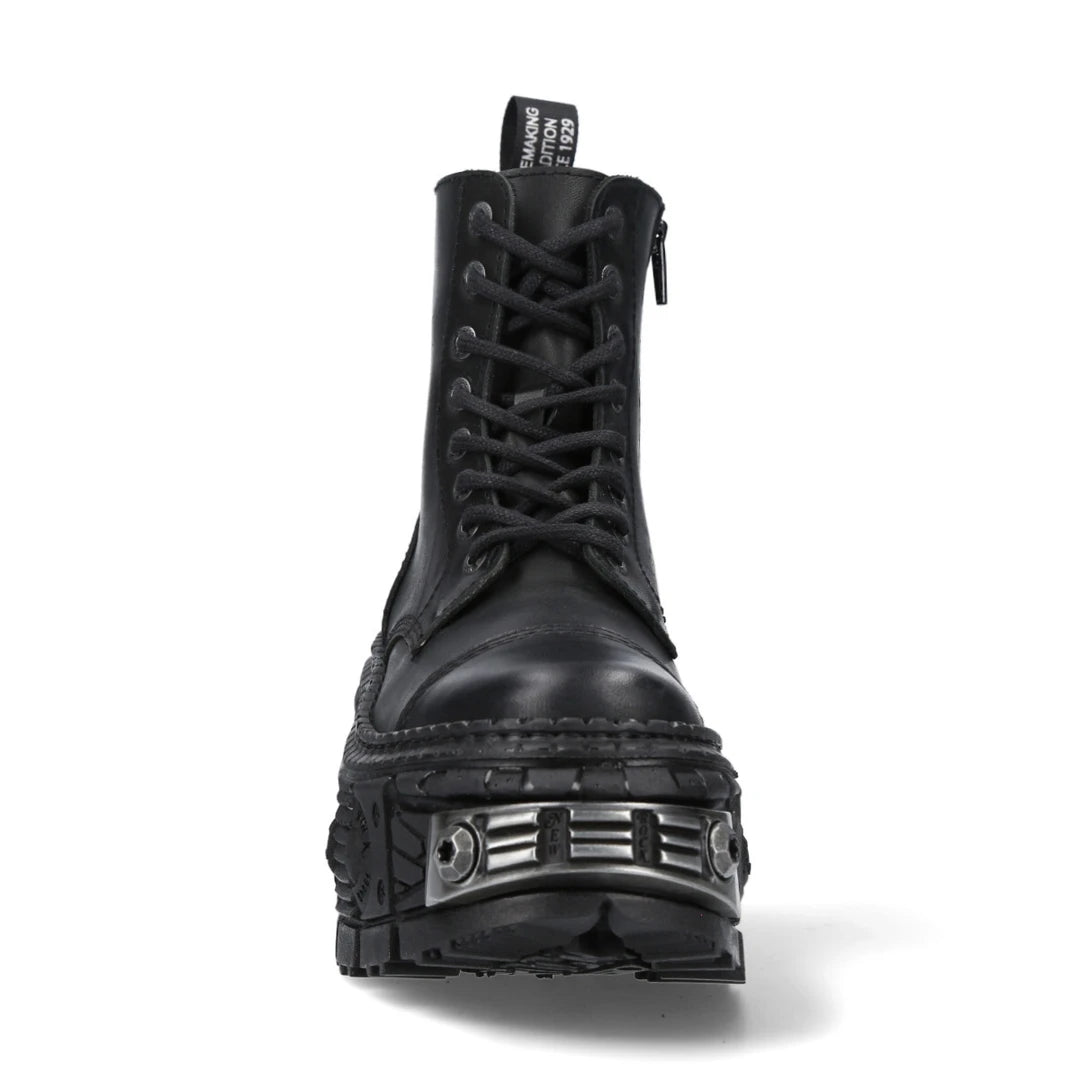 Bottines New Rock WALL083C-S4 boots unisexe cuir noir détails métalliques semelle compensée style gothique
