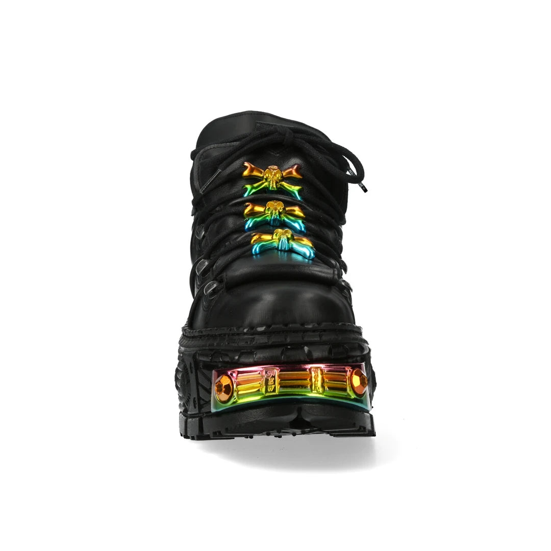 Bottines New Rock WALL106-S23 boots unisexe cuir noir détails métalliques semelle compensée style gothique