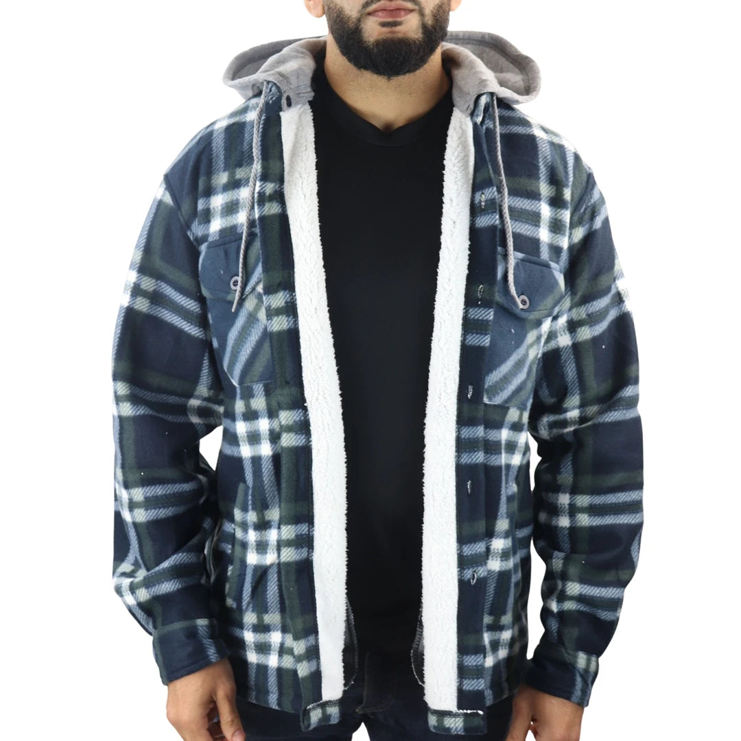 Men's Fleece Lined Lumberjack Hooded Check Winter Shirt