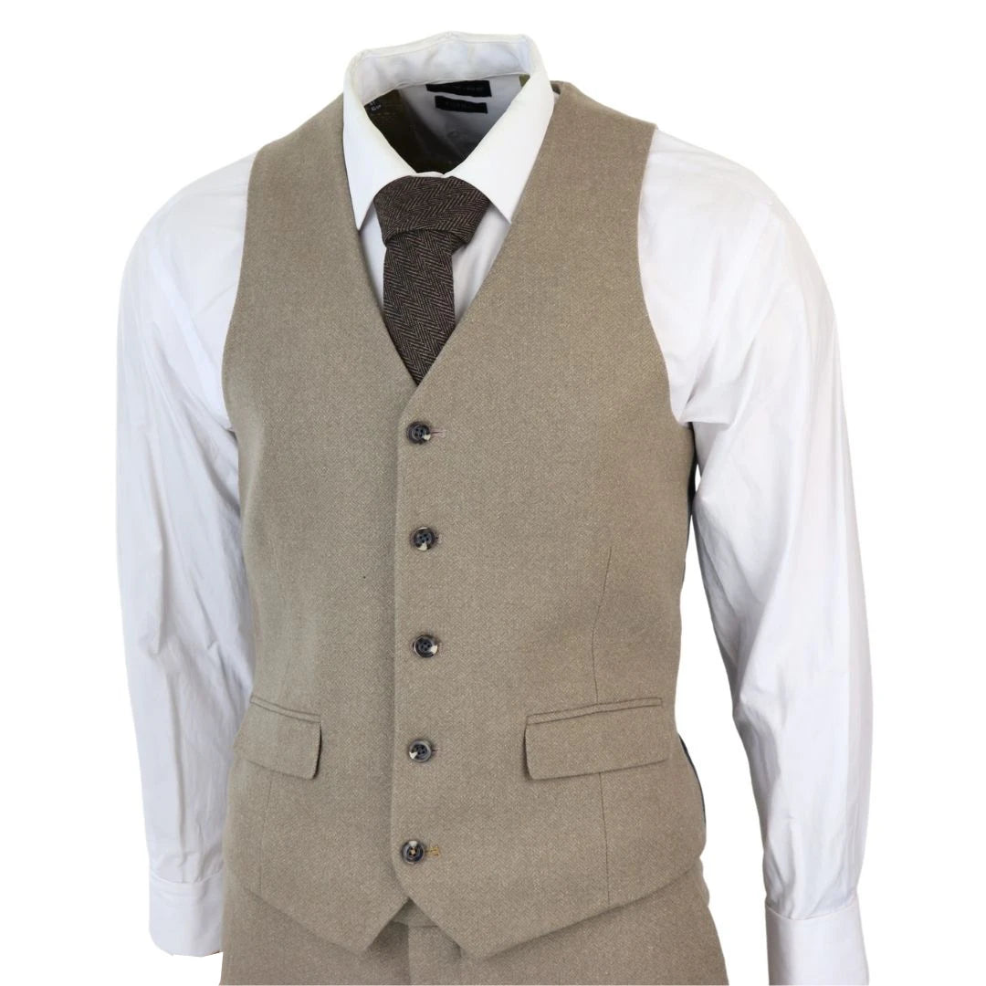 Traje de 3 piezas beige de lana tweed en espiga ideal para negocios para hombre