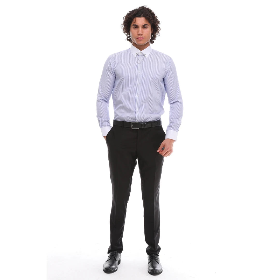 Men's Stripe Button Down Poplin Shirt With Bar & Chain Formal Classic