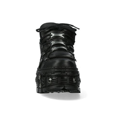 Bottines New Rock WALL106-S25 boots unisexe cuir noir détails métalliques semelle compensée style gothique