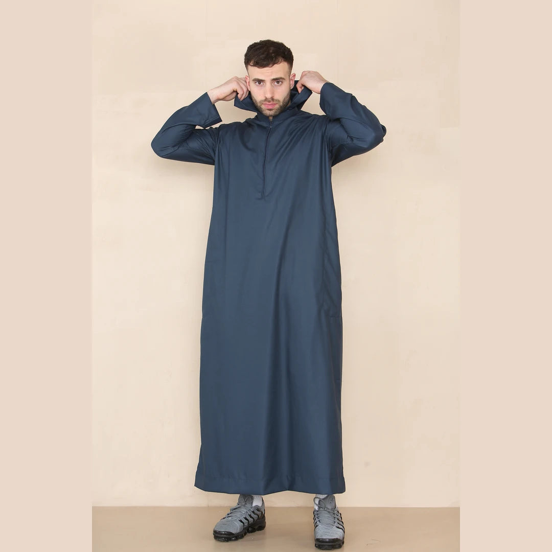 Men's Hooded Thobe Nehru Collar Islamic Clothing Muslim Kaftan Robe Saudi
