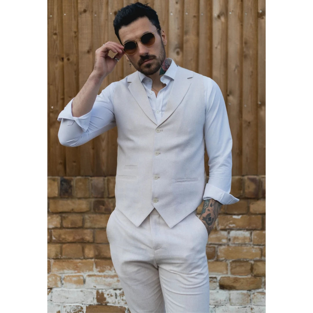 Costume estival pour homme gilet et pantalon en lin chic habillé crème beige mariage