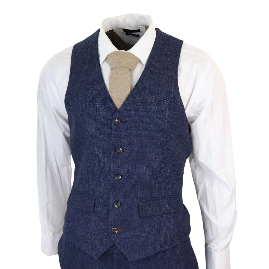 Herren Marineblau 3 Teilig Anzug Tweed Wolle Herringbone Formal Business