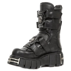Bottines boots New Rock M-422-S1 unisexe cuir noir et détails métalliques talons compensés style gothique