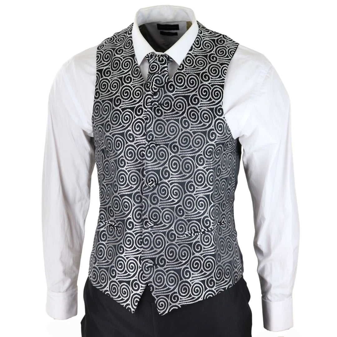 Men s Wedding 3 Piece Black Suit Silver Cravat Waistcoat Groom