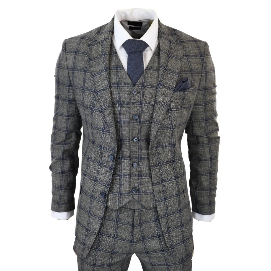Men's Grey 3 Piece Checked Suit