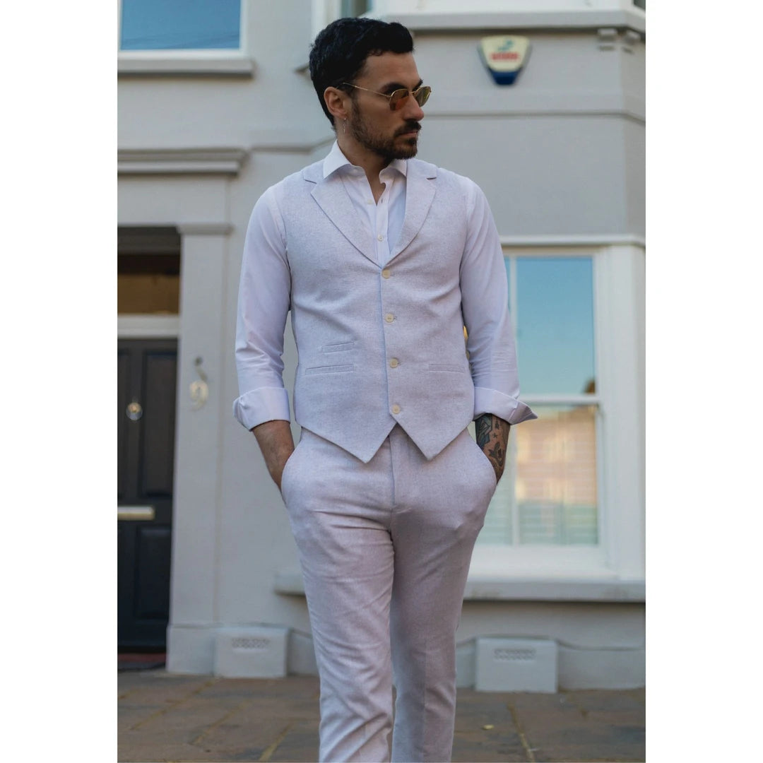 tp-11 - Men's Summer Suit Waistcoat Trousers Linen Formal Light Grey Wedding