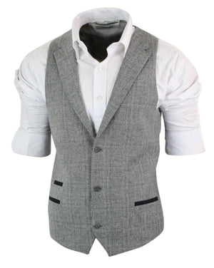 Mens Waistcoat Wool Check Herringbone Tweed Brown Black Classic Vintage Fit-TruClothing
