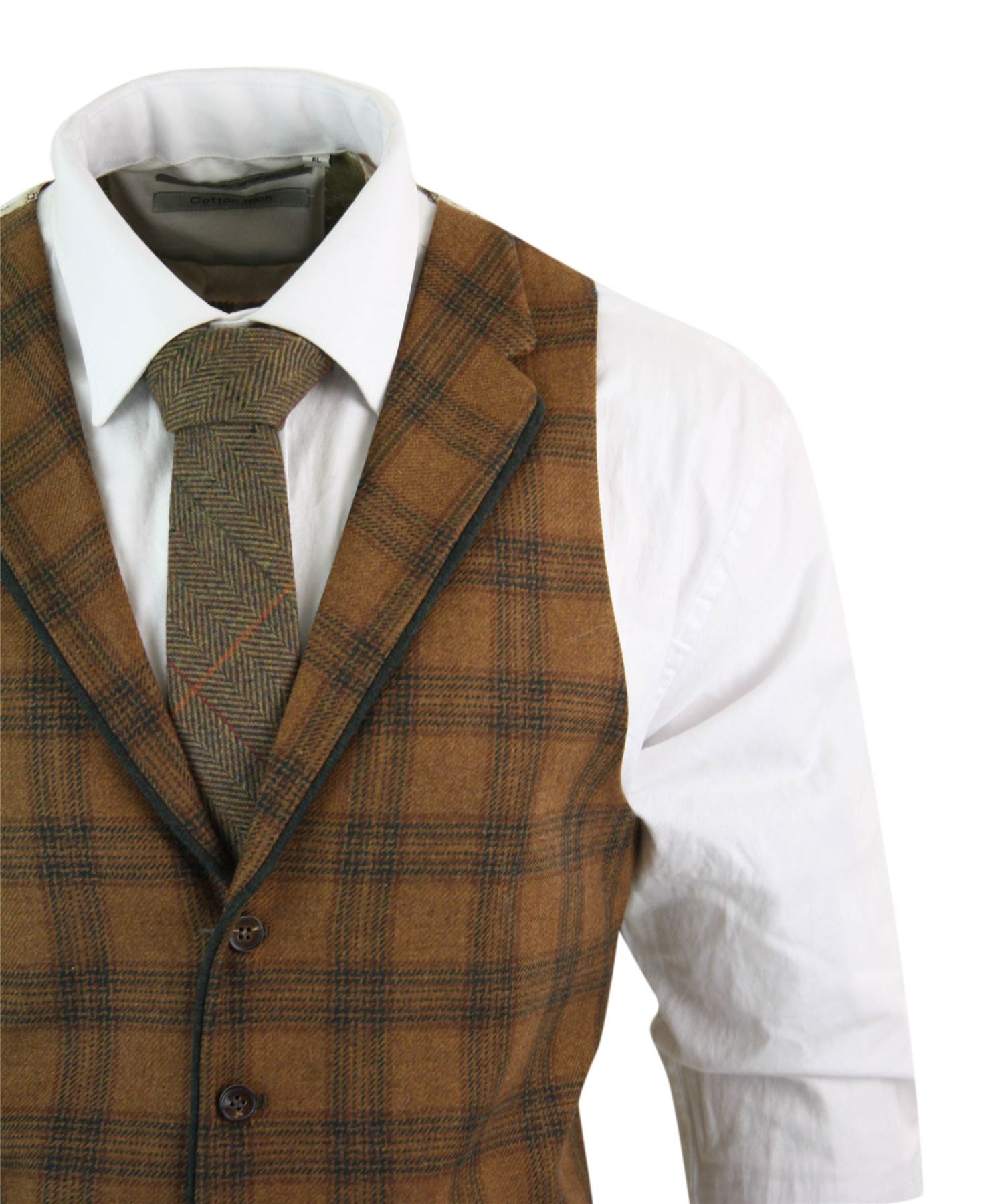 Mens Waistcoat Wool Check Herringbone Tweed Brown Black Classic Vintage Fit