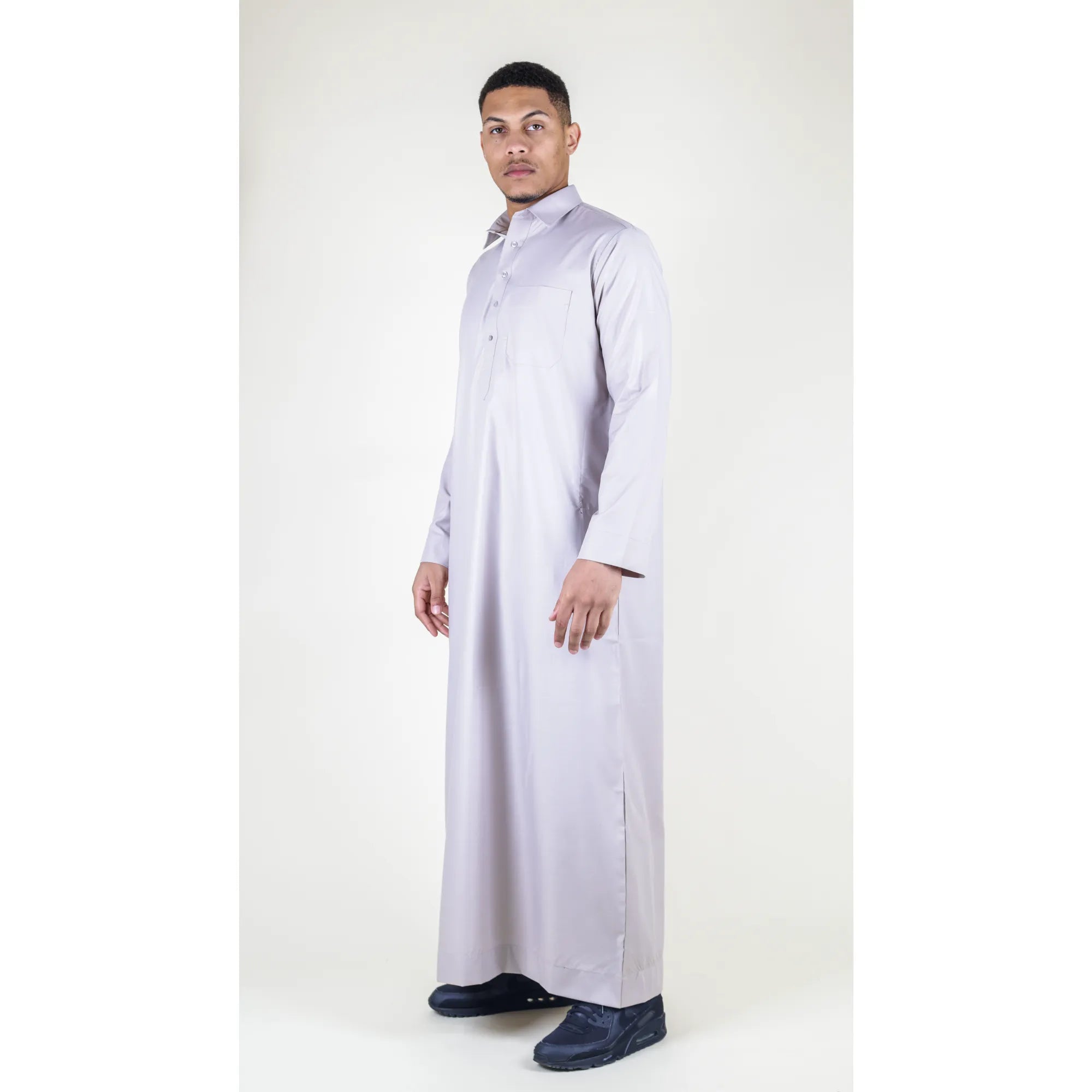 Men's Thobe Jubba Turn Down Collar Islamic Muslim Cotton Kaftan Dress Robe Arabic