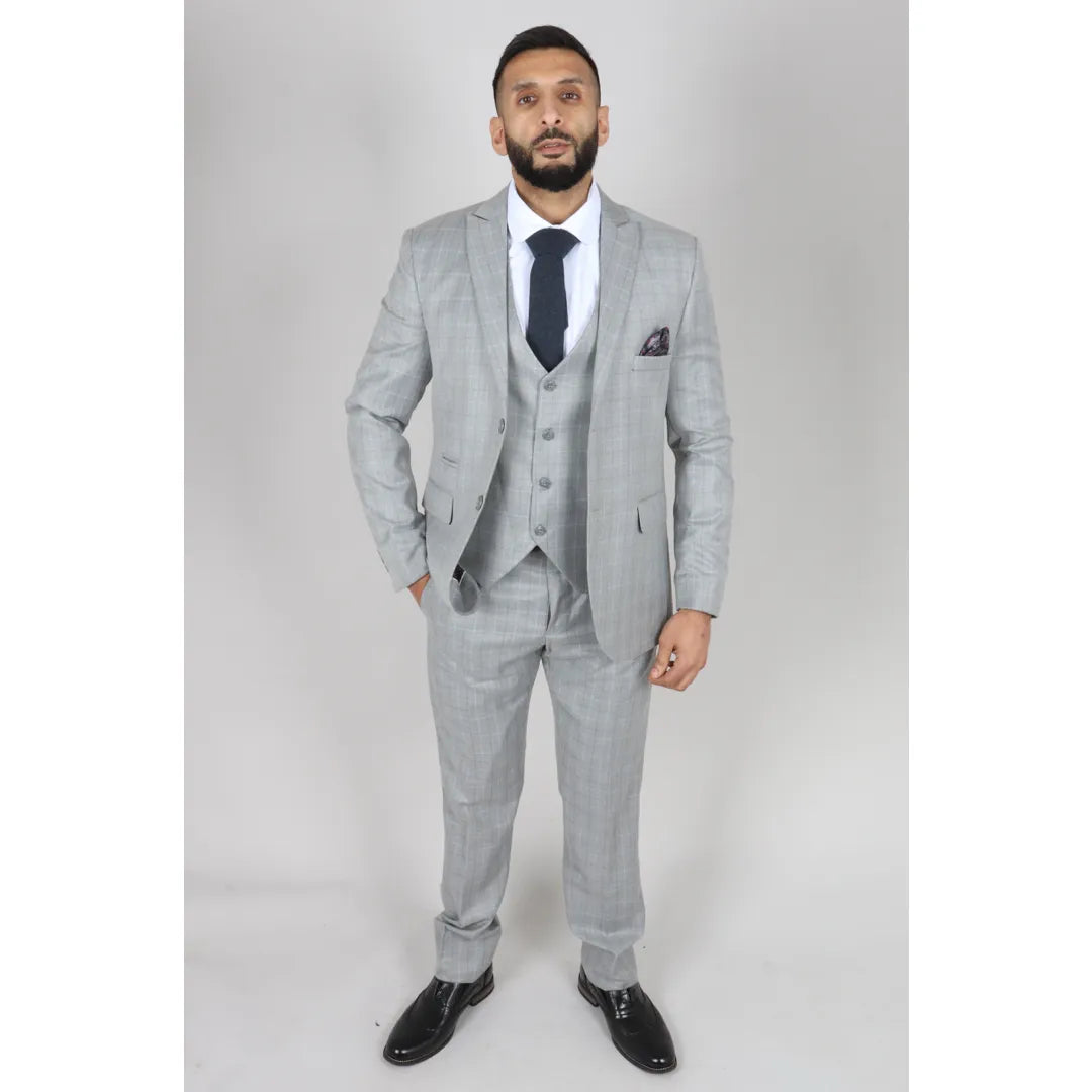 Costume gris clair pour homme avec carreaux Prince de Galles coupe ajustée 3 pièces style chic habillé