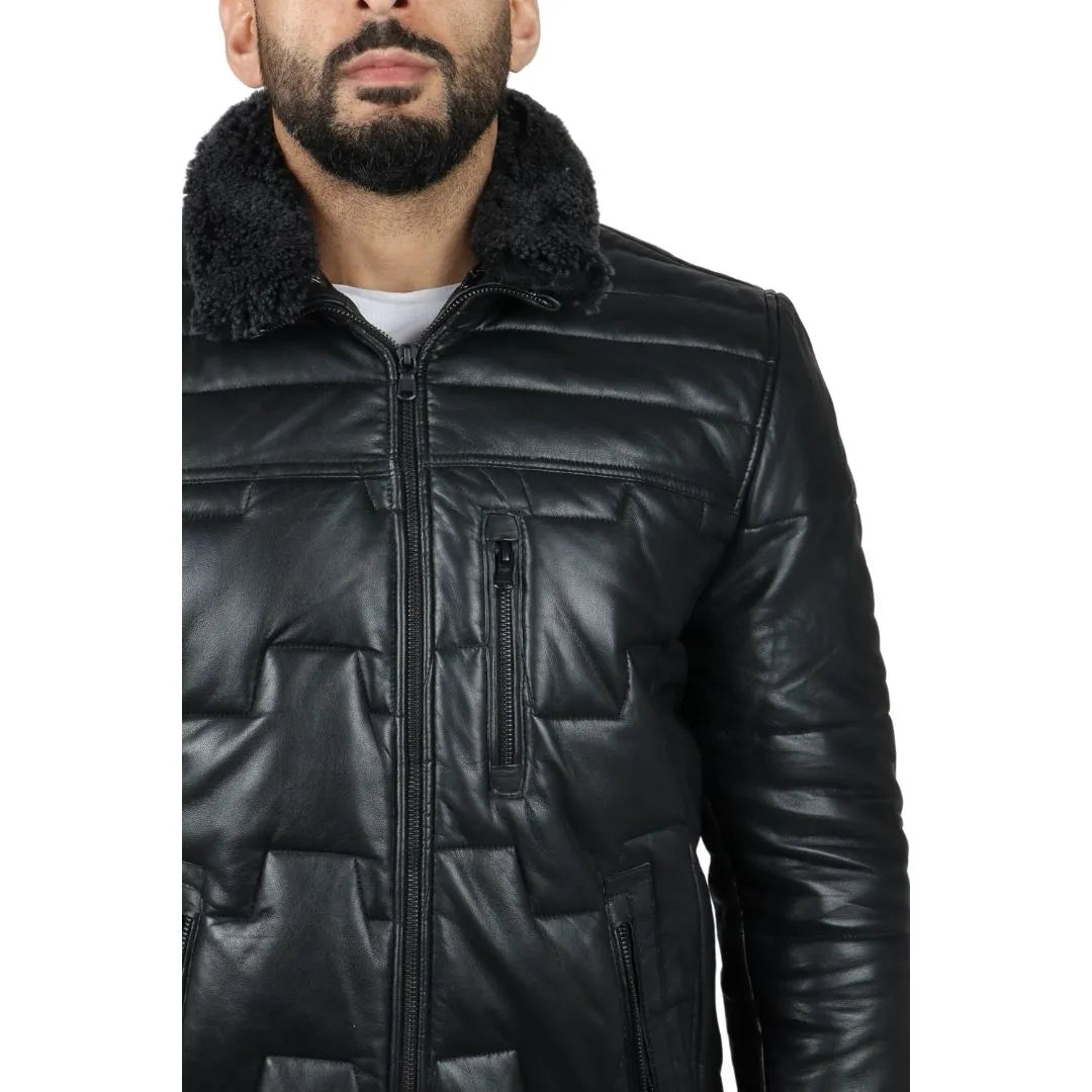 Men's Quilted Padded Real Leather Safari Coat