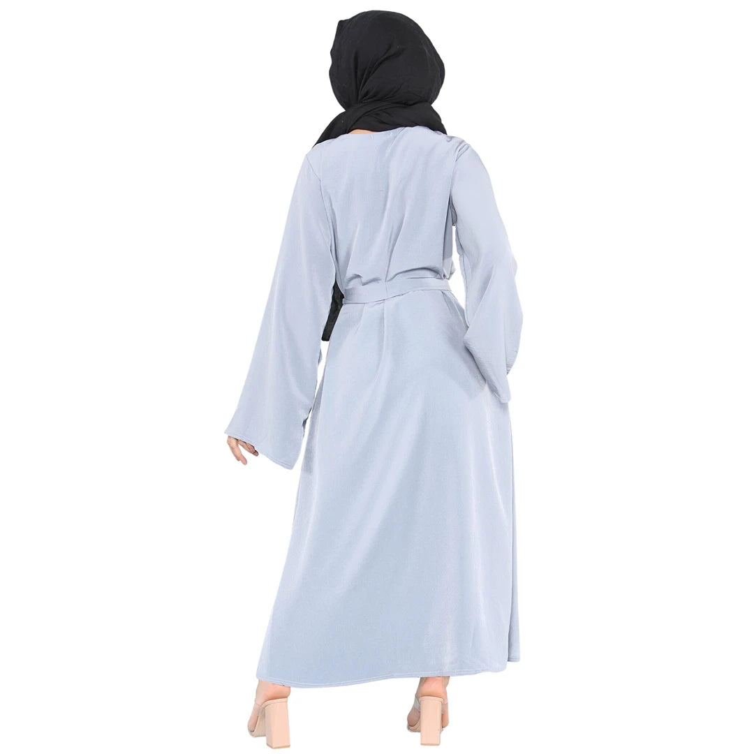 Damen Einfarbig Abaya Mit Gürtel Islamisches Sommerkleid Jilbab Robe Dubai Saudi Modest