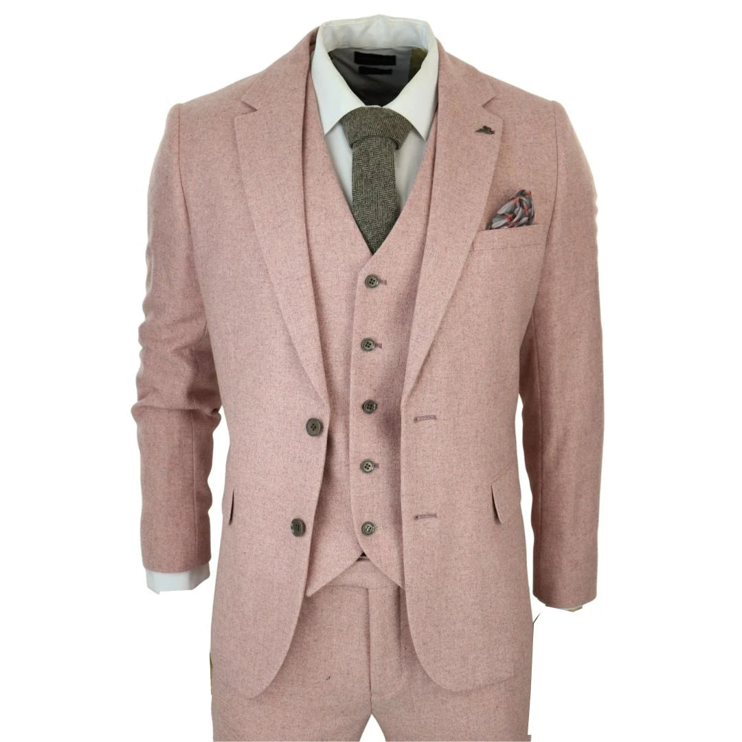 Costume pour homme 3 pièces rose uni laine mélangée style habillé professionnel formel