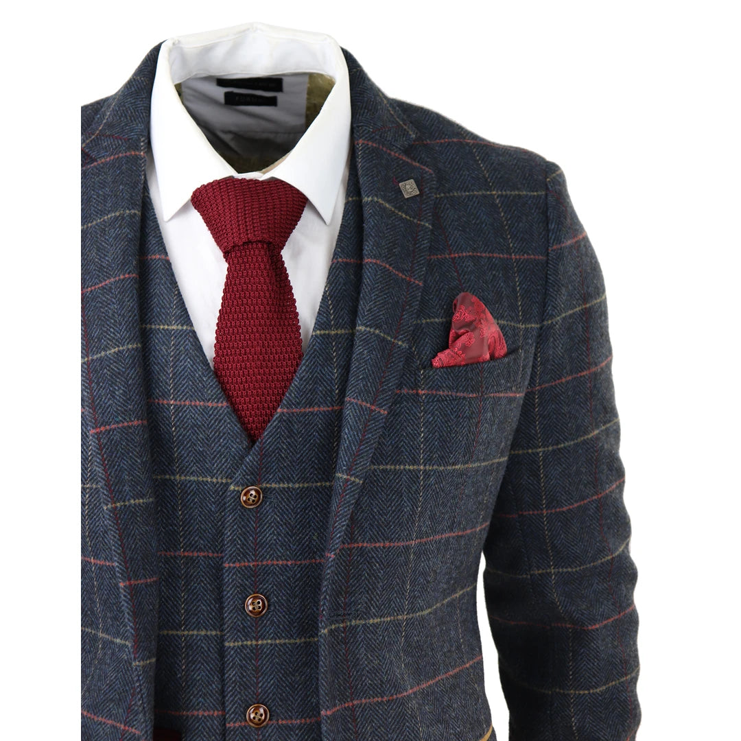 Herren Marineblau 3 Teilig Anzug Herringbone Tweed Überprüft Formelle Anzüge