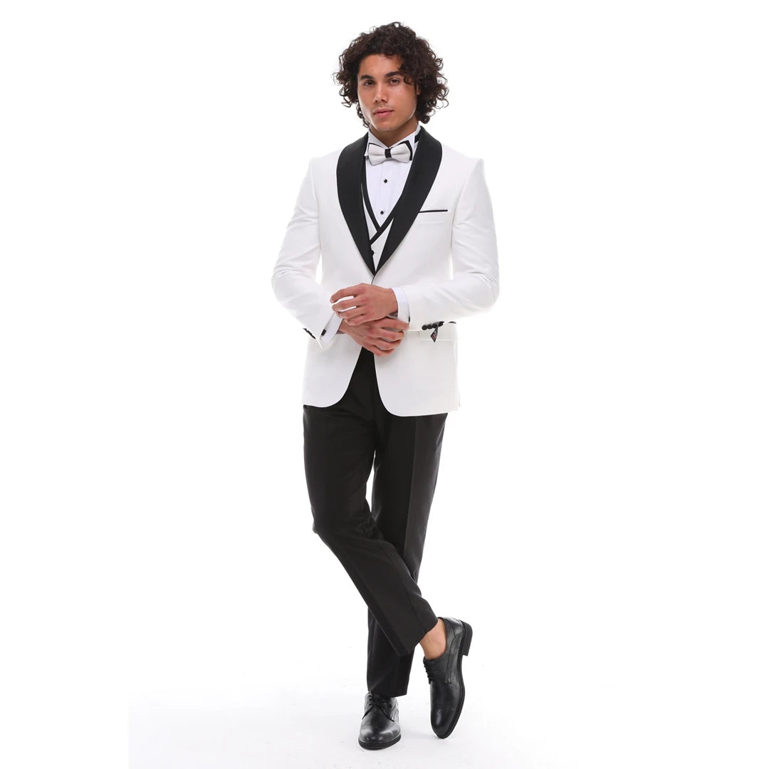 Smoking 3 pièces noir et blanc pour homme col châle rond gilet à veston croisé pour mariage soirée cérémonie