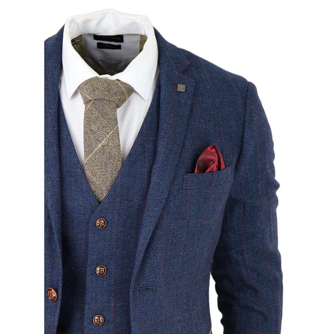 Herren Blau 3 Teilig Anzug Herringbone Tweed Überprüft Formal Kleid Anzüge