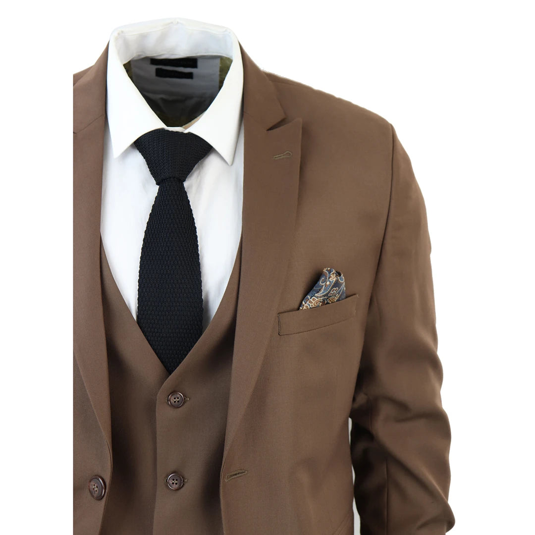 Herren Classic Braun Anzug 3 Teilig Tailored Fit Vintage Büro Hochzeit Prom