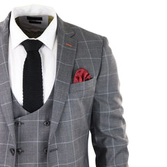 Men's Grey 3 Piece Check Suit Double Breasted Waistcoat Wedding Formal