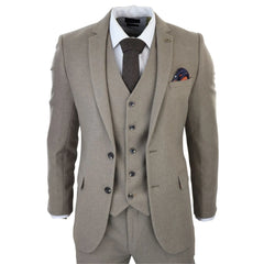 SW105258 - Men's Beige Blue 3 Piece Tweed Wool Suit