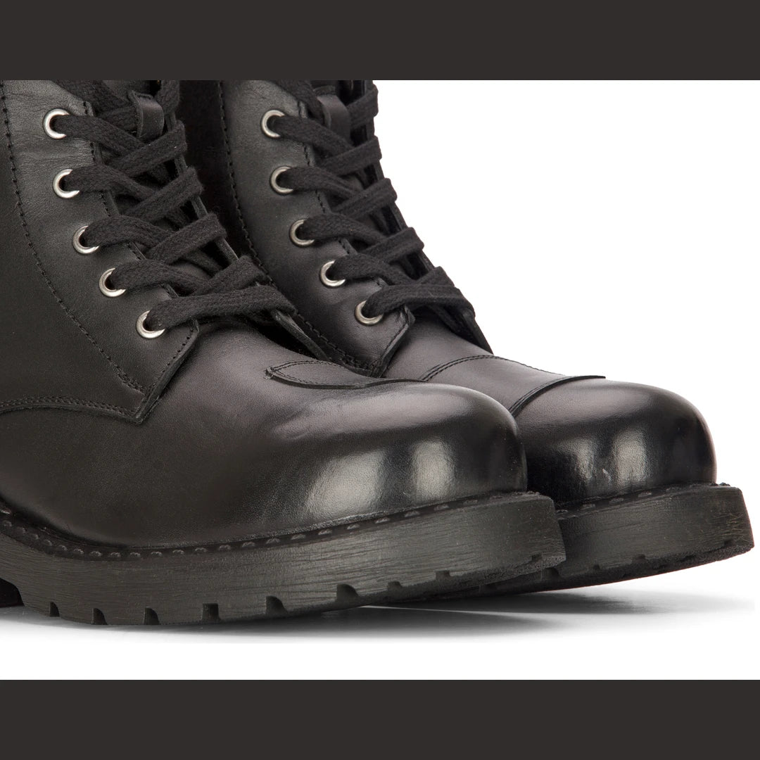Botas de moto de cuero negro para hombre con cordones. Estilo Western Rock Punk Military en botas de tobillo.