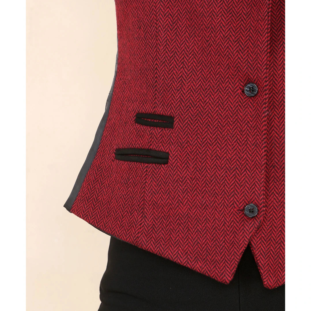 Women's Tweed Herringbone Waistcoat Blazer Jacket Wine Red Classic 1920s
