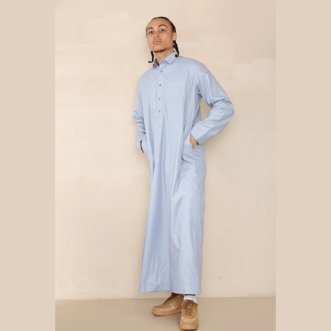Men's Thobe Jubba Turn Down Collar Islamic Muslim Cotton Kaftan Dress Robe Arabic