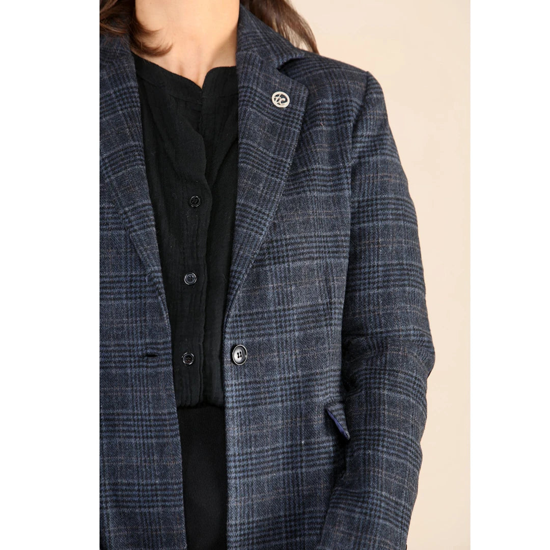 Damen Tweed Check Weste Sakko Anzug Marineblau h Vintage Ellenbogen Patche 1920s
