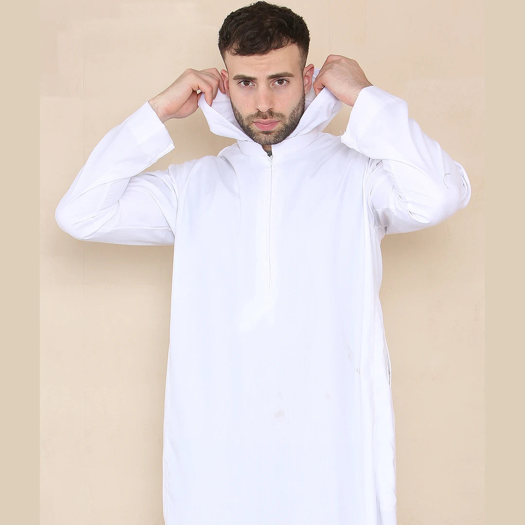 Dishdasha pour homme avec capuche thobe jubba col indien vêtement musulman kaftan style saudi coupe slim ou standard
