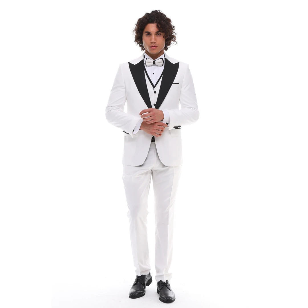 Traje de 3 piezas para hombre: un esmoquin clásico para bodas, proms y eventos elegantes, con corbata negra y detalles en blanco y negro. ¡Un estilo clásico y elegante al mejor estilo de James Bond!