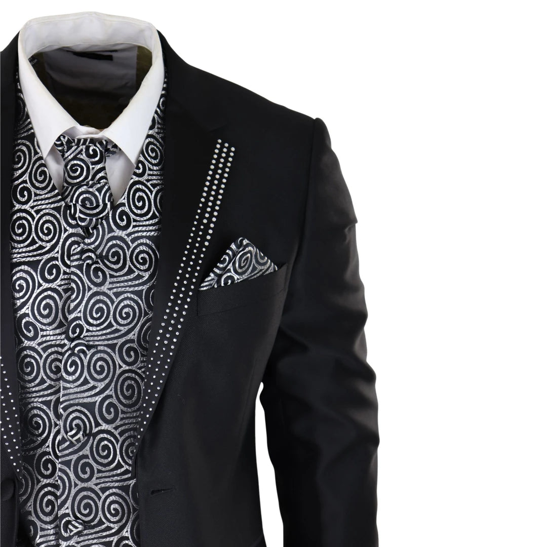Men's Wedding 3 Piece Black Suit Silver Cravat Waistcoat Groom Bestman