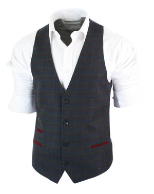 Mens Waistcoat Wool Check Herringbone Tweed Brown Black Classic Vintage Fit-TruClothing