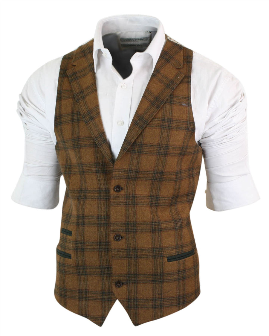 Mens Waistcoat Wool Check Herringbone Tweed Brown Black Classic Vintage Fit-TruClothing