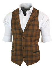 Mens Waistcoat Wool Check Herringbone Tweed Brown Black Classic Vintage Fit