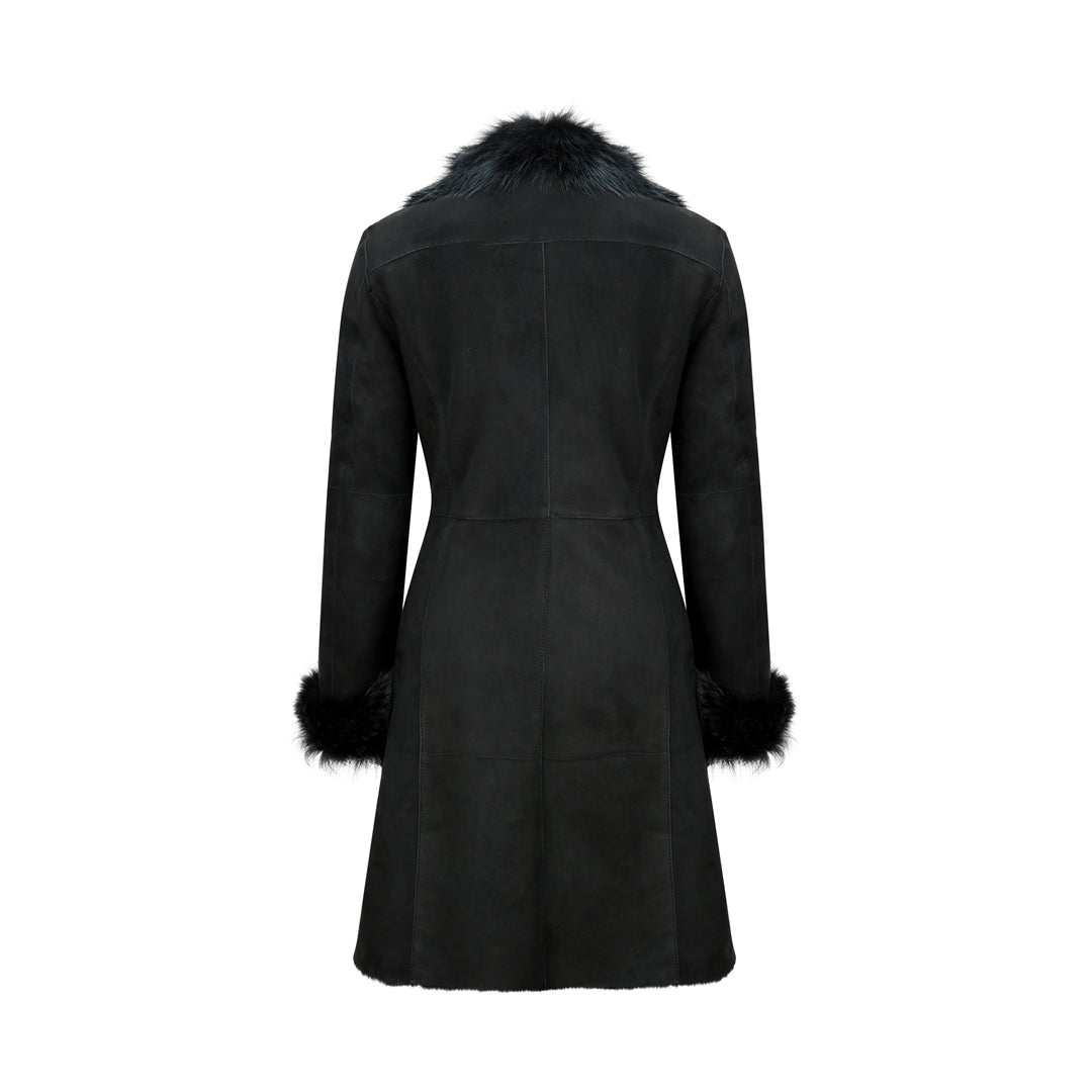 Women Black Sheepskin Suede 3 4 Long Trench Coat Infinity TruClothing