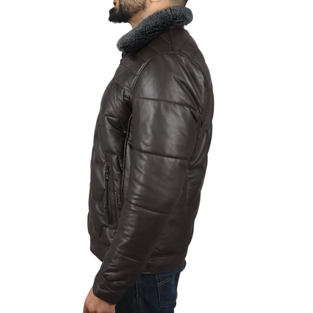 Men's Quilted Padded Real Leather Safari Coat