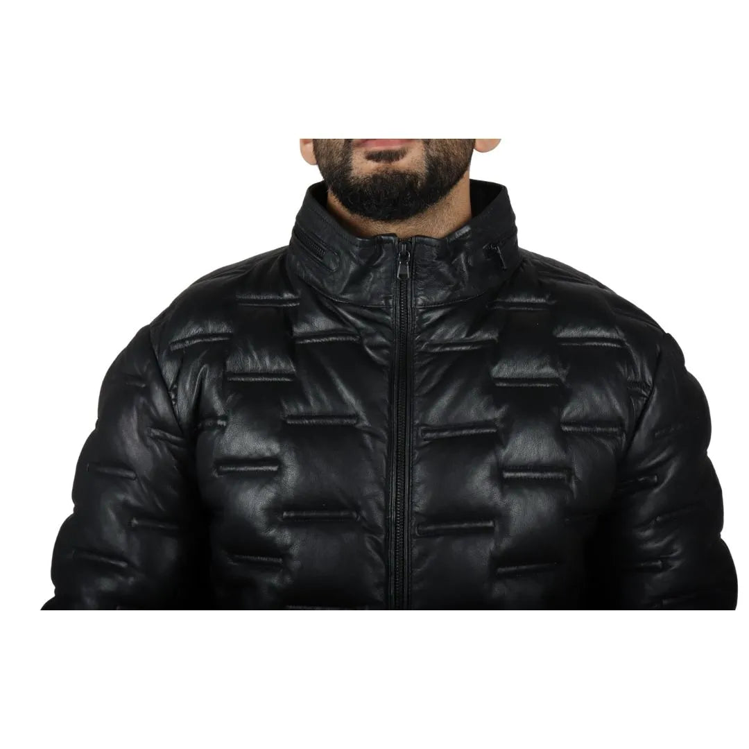 Men's Puffer Quilted Real Leather Waist Length Jacket