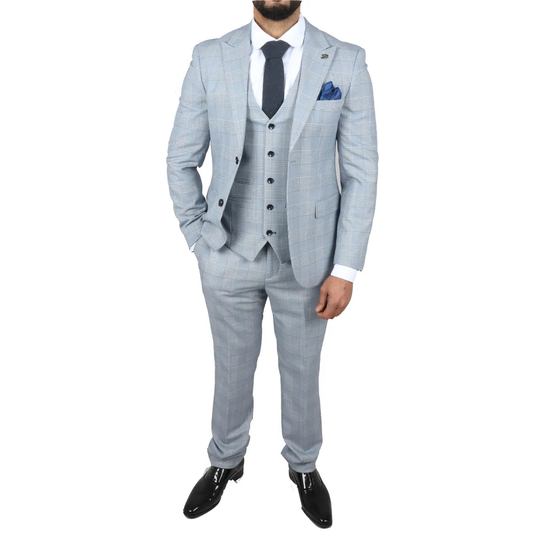 Mark - Costume 3 pièces bleu à carreaux en tweed pour hommes, coupe ajustée