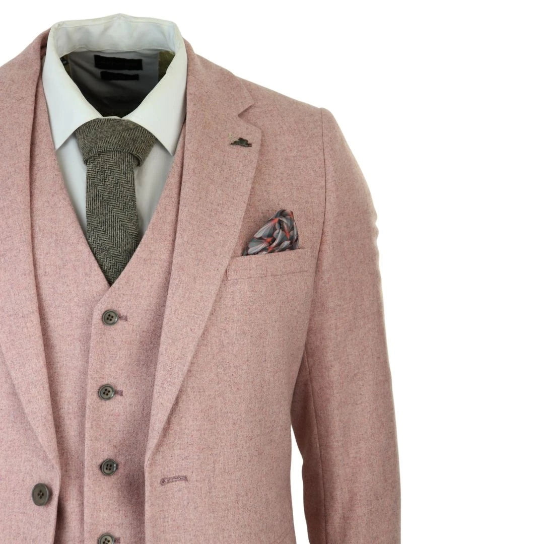 Traje liso rosa de 3 piezas de lana tweed ideal para negocios para hombre