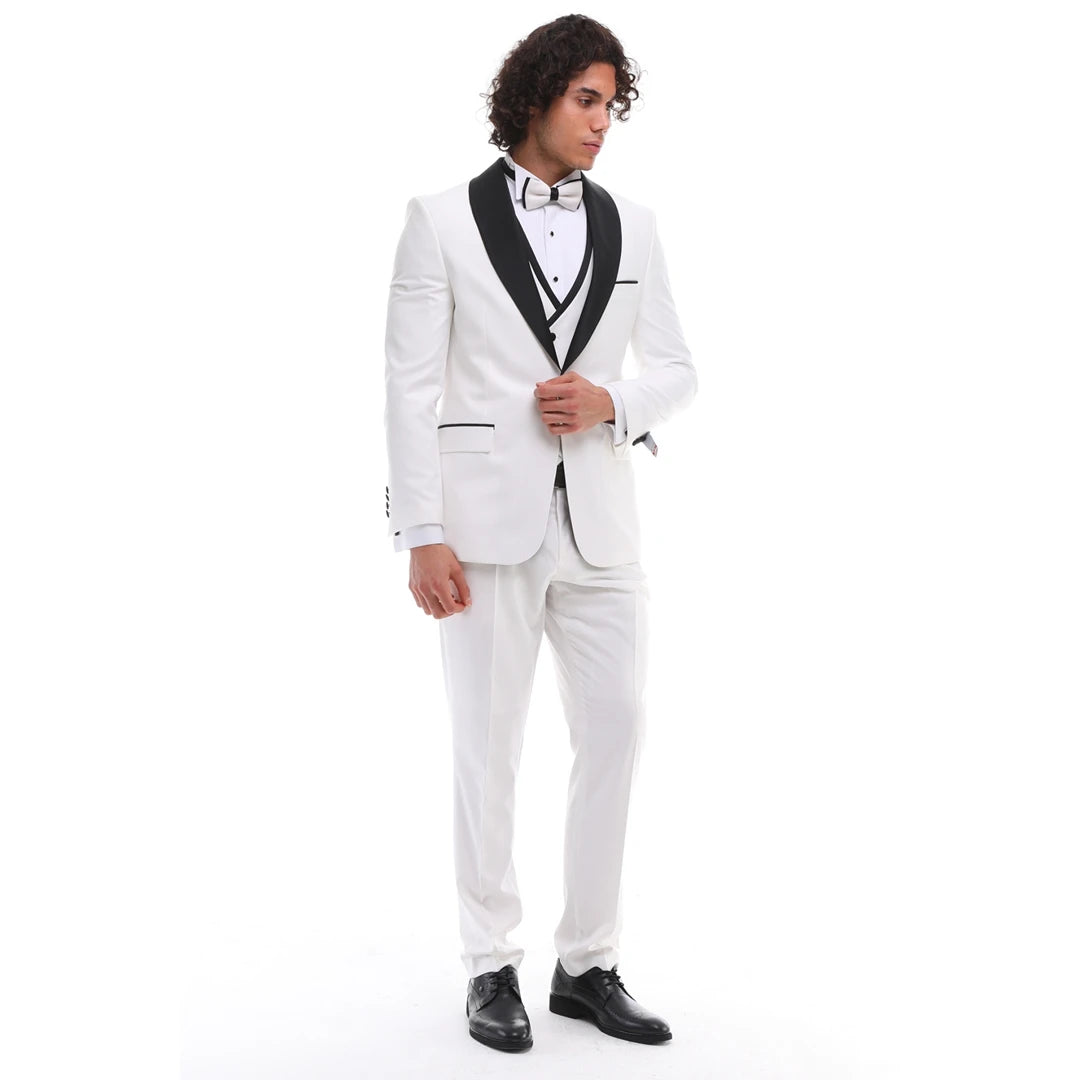 Traje de chal de 3 piezas para hombre: ideal para bodas, graduaciones y eventos elegantes. Incluye esmoquin con chaleco de doble botonadura en blanco y negro.