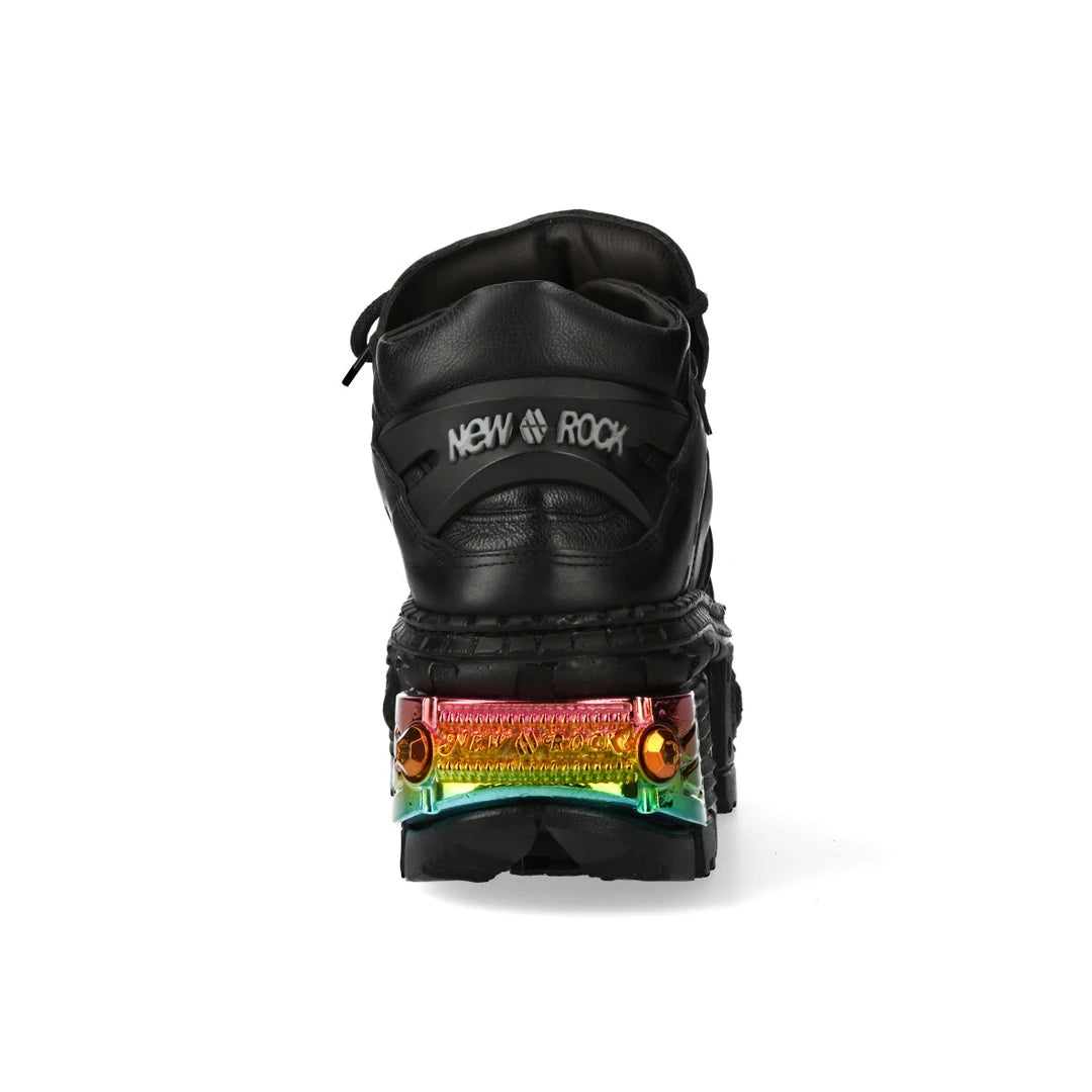 Bottines New Rock WALL106-S23 boots unisexe cuir noir détails métalliques semelle compensée style gothique