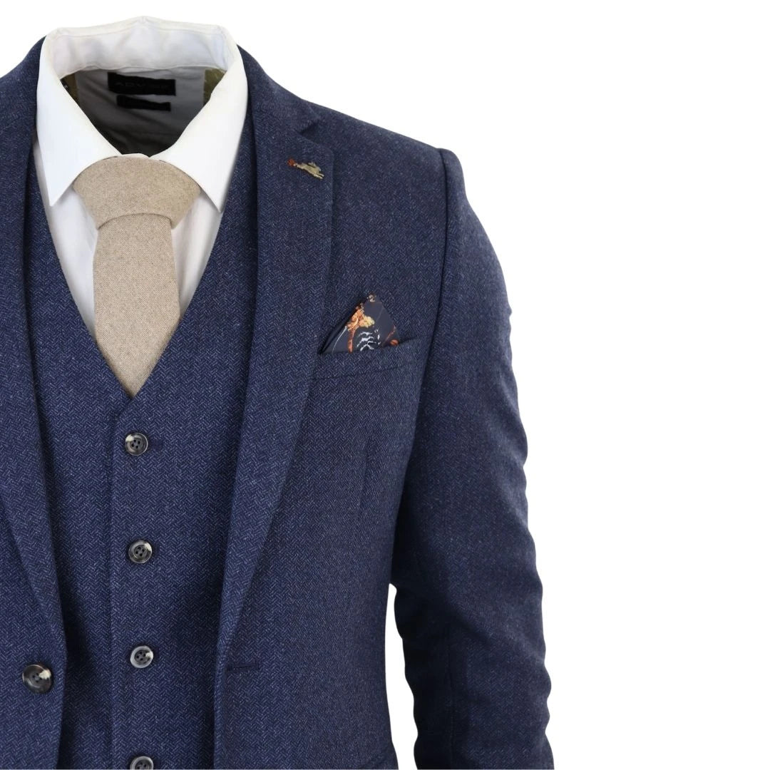 SW105258 - Men's Navy Blue 3 Piece Tweed Wool Suit