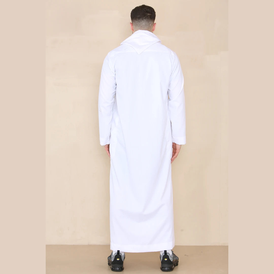Dishdasha pour homme avec capuche thobe jubba col indien vêtement musulman kaftan style saudi coupe slim ou standard