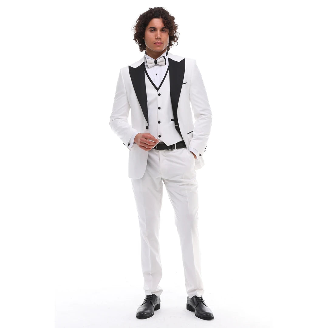 SP2302 - Men's 3 Piece Dinner Suit Wedding Prom Tuxedo Black Tie White Black Classic Bond