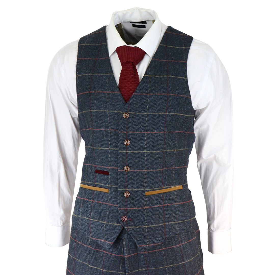 Herren Marineblau 3 Teilig Anzug Herringbone Tweed Überprüft Formelle Anzüge