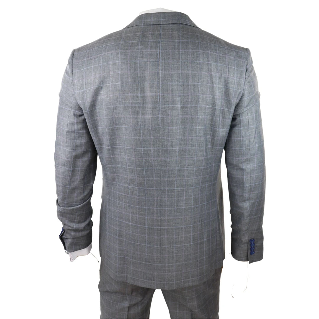 Men's Light Grey 3 Piece Suit Blue Check Double Breast Waistcoat Office Wedding Prom